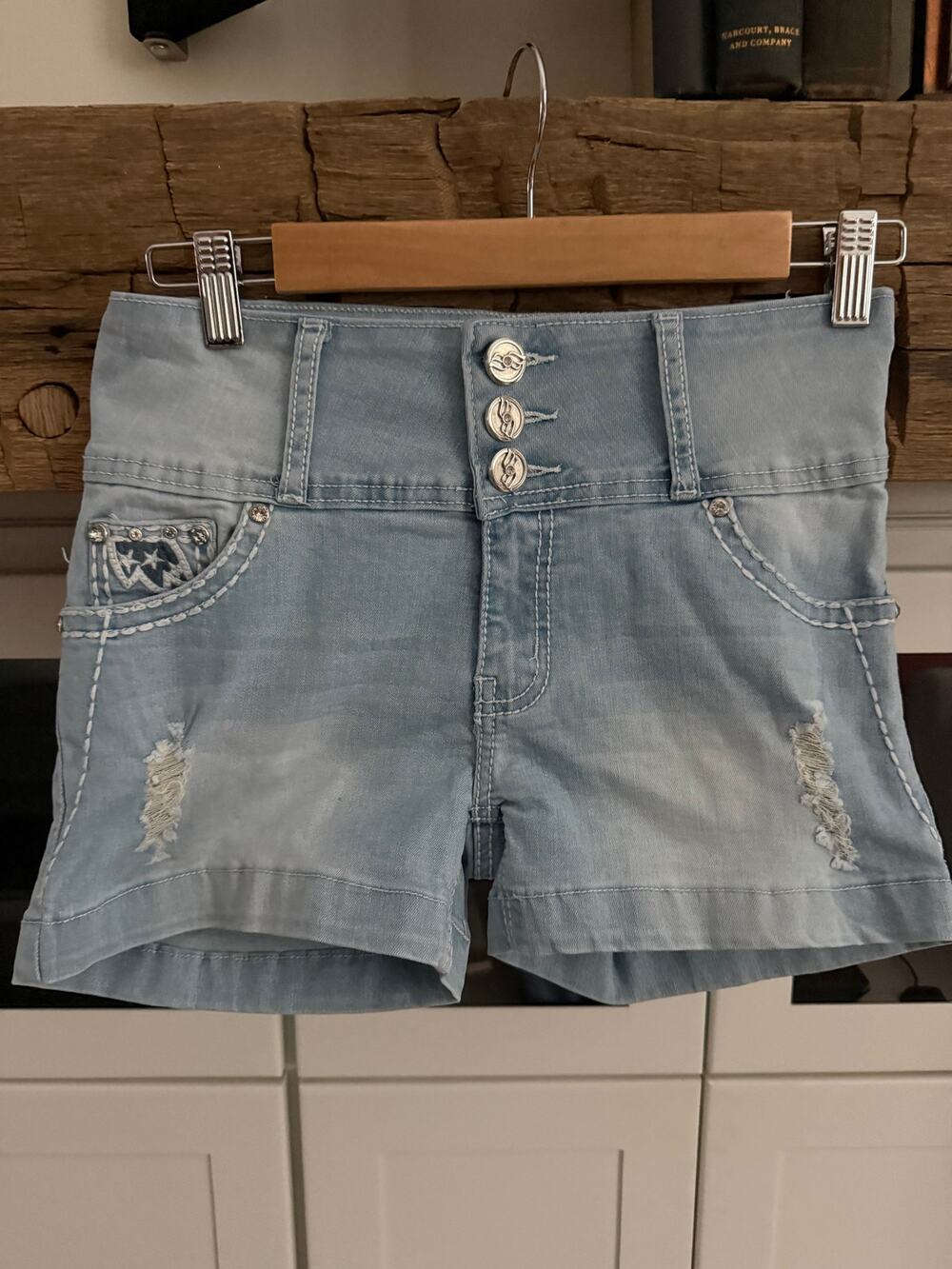 Silver Diva Y2K Bling Denim Shorts M American Flag Rhinestone Pockets